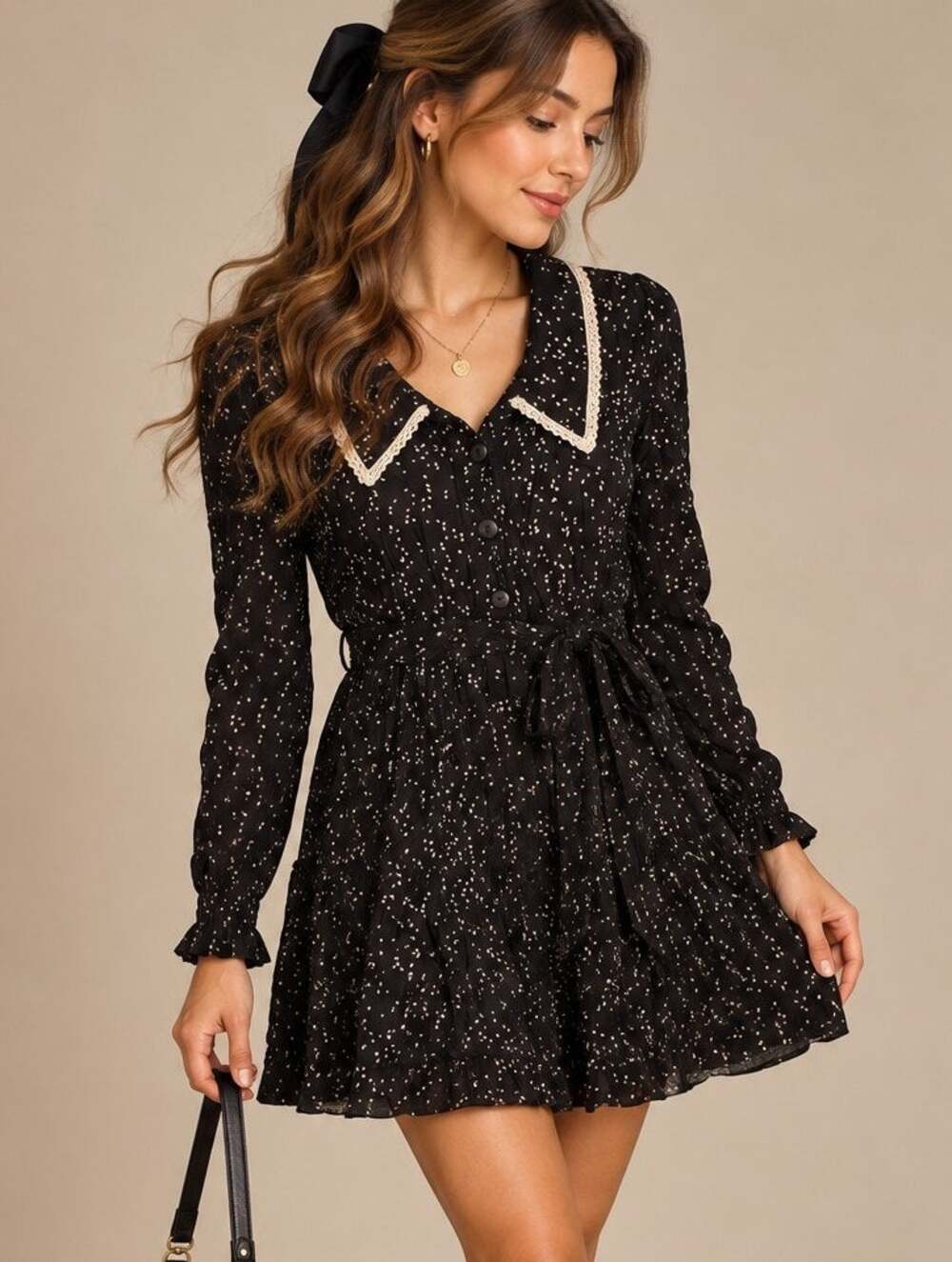 Urban Outfitters Lace Peter Pan Collar Shirt Dress S Belted Polka Dot Coquette